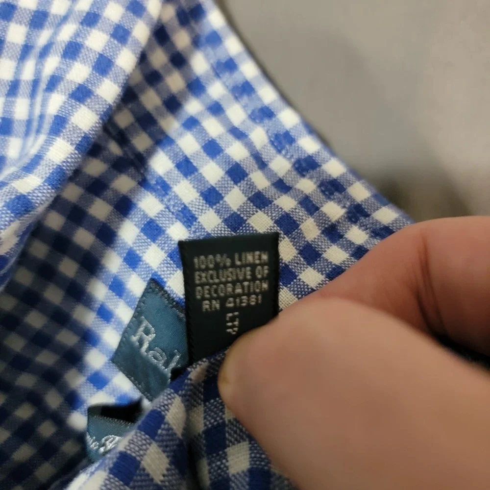 Ralph Lauren Linen Shirt Men's XL Blue Gingham Check Red Pony Short Sleeve